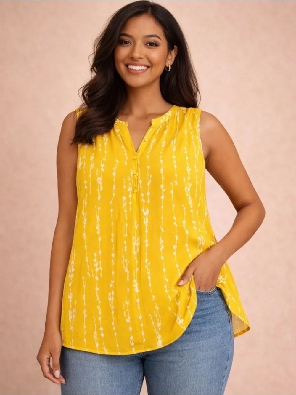 Ava & Viv Blouse 1X 18 Mustard Yellow White Floral Sleeveless Button Front Plus